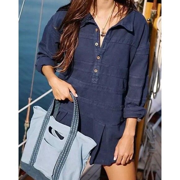 FREE PEOPLE FREE-EST BLUE CHECKIN' IN MINI DRESS SZ SMALL NAVY - Picture 2 of 5